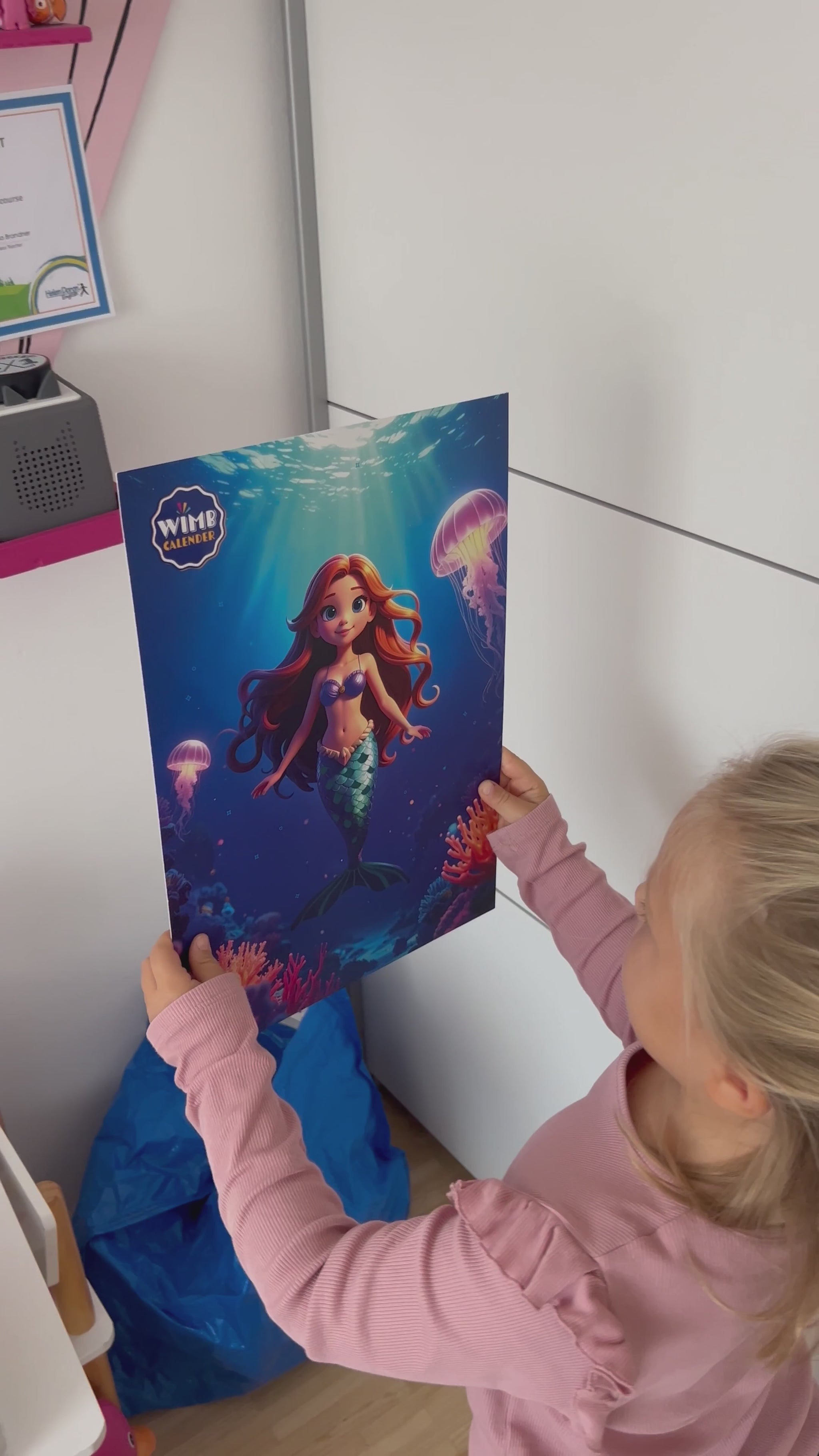 Kind hängt WIMB Meerjungfrau Kalender an die Wand