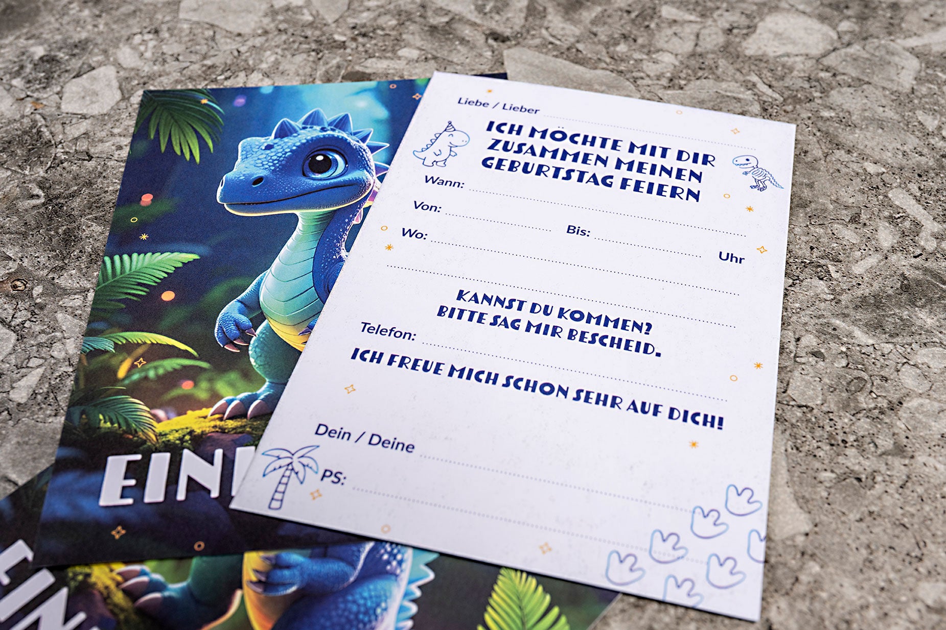 Dino-Einladungskarte für Kindergeburtstag – Vorder- und Rückseite