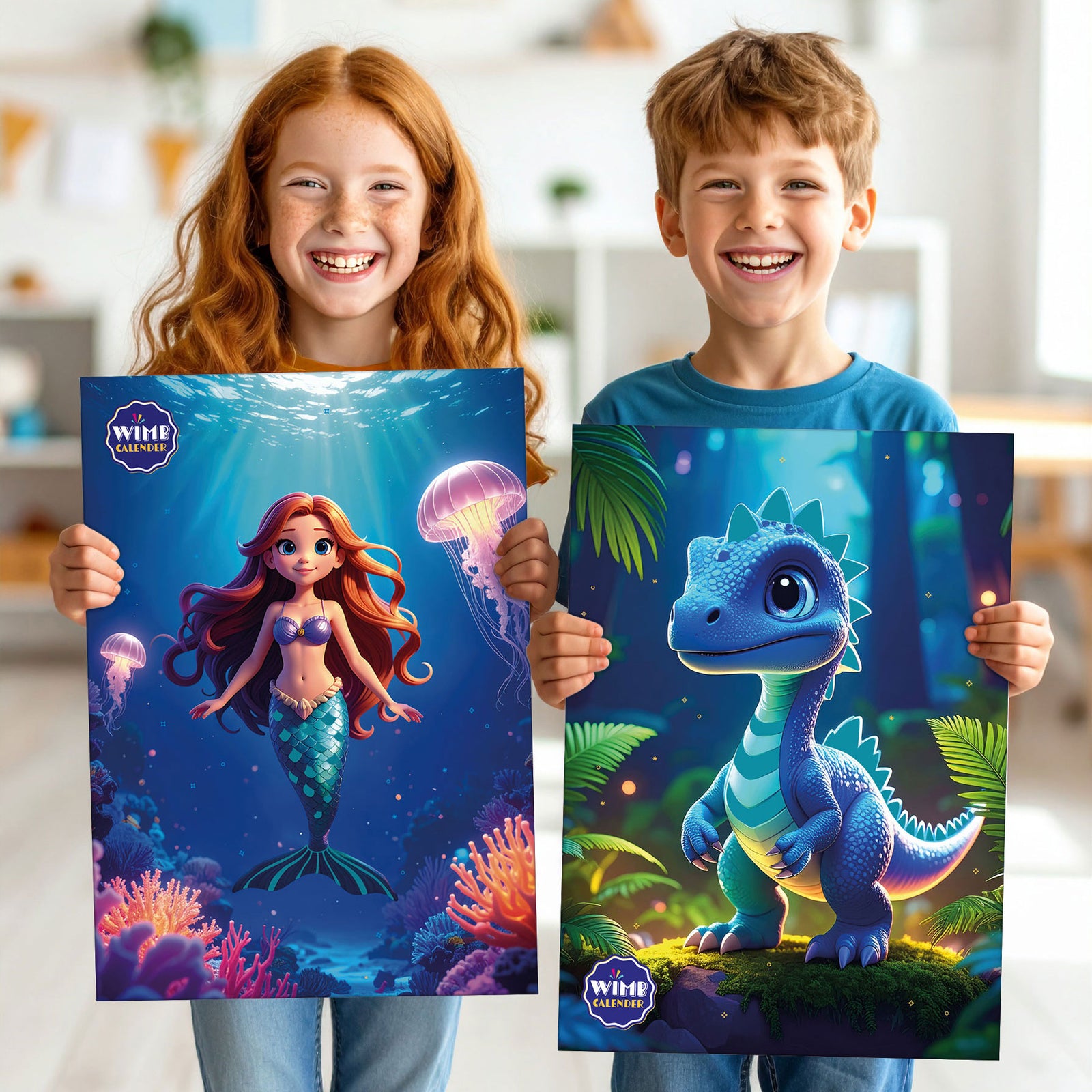 Zwei Kinder halten den WIMB Calender hoch – mit den Motiven Meerjungfrau und Dinosaurier