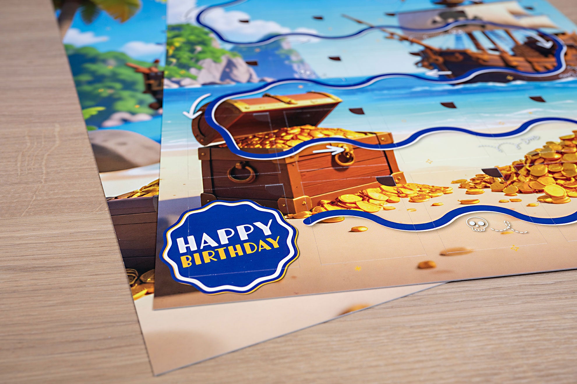 Piratenkalender mit Schatztruhe und Happy Birthday Schild