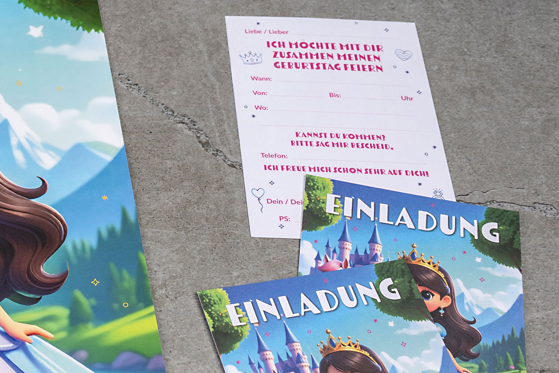 Kalender und mehrere Einladungskarten im Prinzessinnen-Design